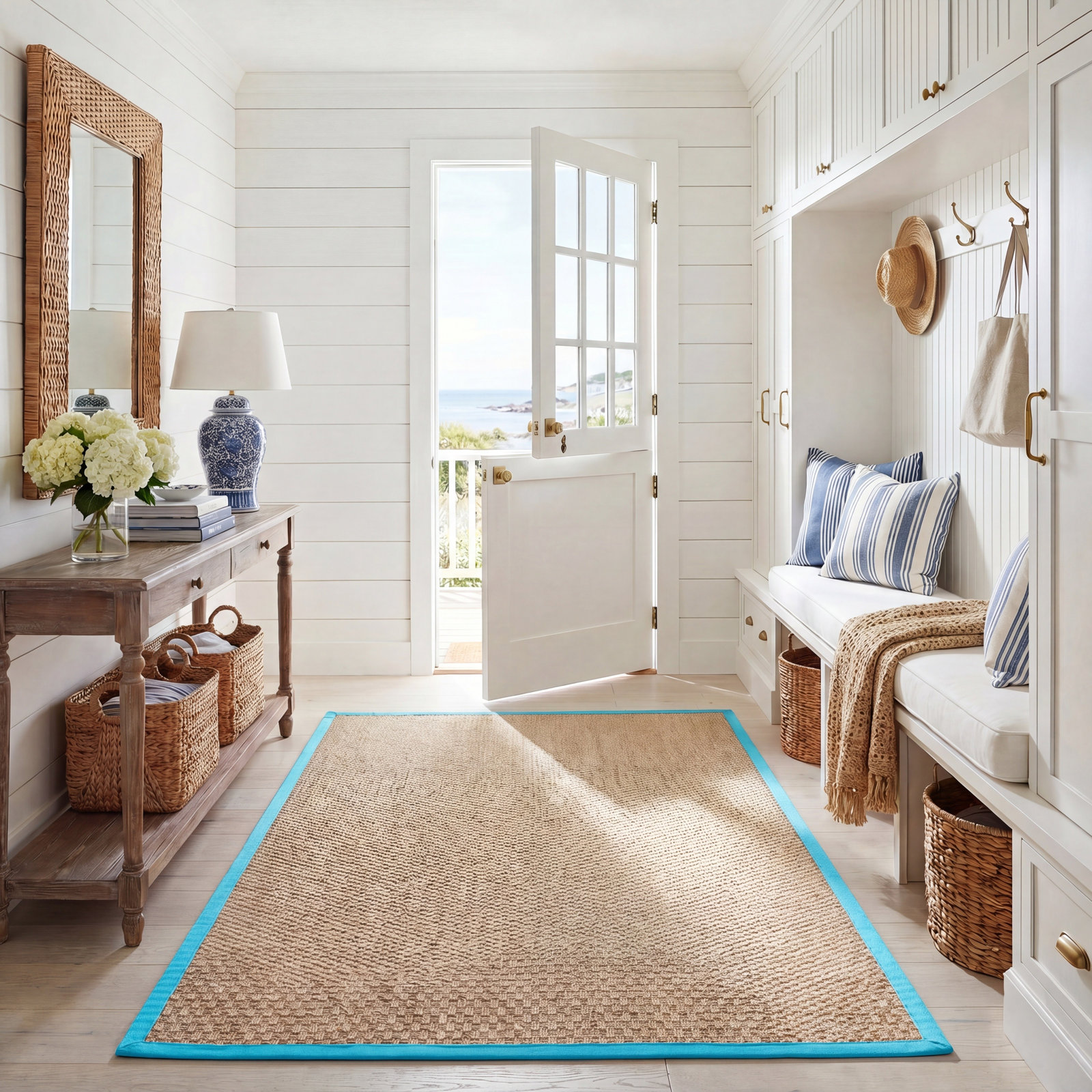 Natural Turquoise Bamboo Seagrass Rug, Rectangle 5' x 8'