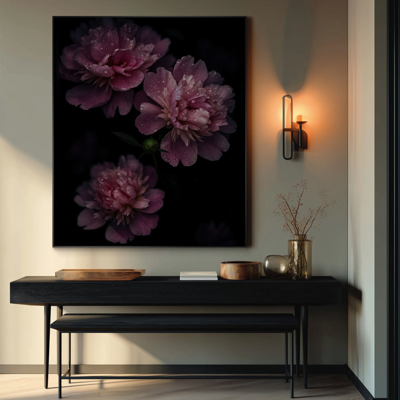Très grande impression d'art floral pivoine Moody - rose et bourgogne, décoration botanique pour salon ou chambre à coucher