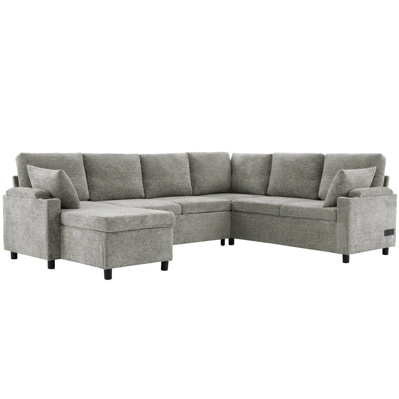 109.9" Sectional Sofa Versatile Sofa Bed Sofa Sleeper U-Shaped Sofa With Ample Storage Space, Light Gray Chenille