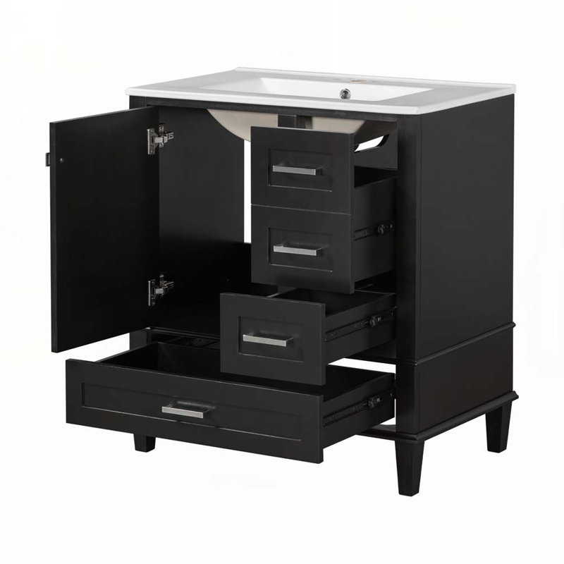 Meuble-lavabo de salle de bain avec lavabo en céramique, porte à fermeture douce et 3 tiroirs, Noir