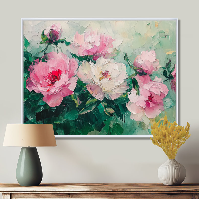 Harmonie de pivoines vertes dansant - art mural de pivoines pour le salon, H 30 po x l 40 po, Picture Framed, Blanc