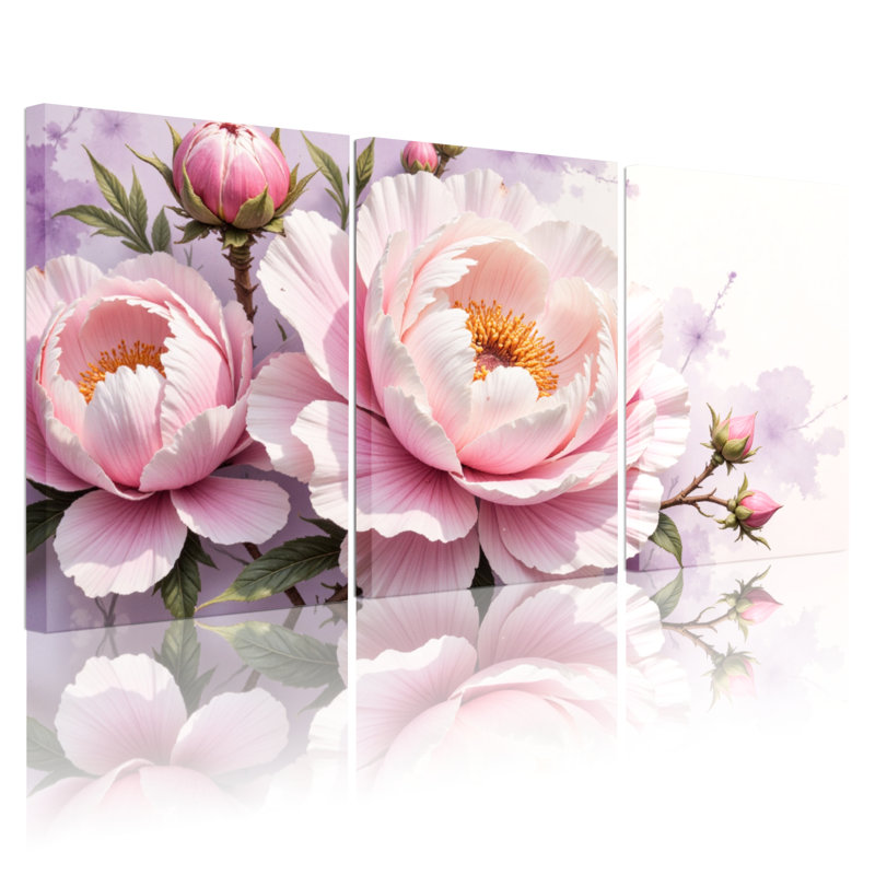 Aquarelle, pivoine, toile tendue sur toile, rose tendre et crème (ensemble de 3), H 24 po x l 48 po