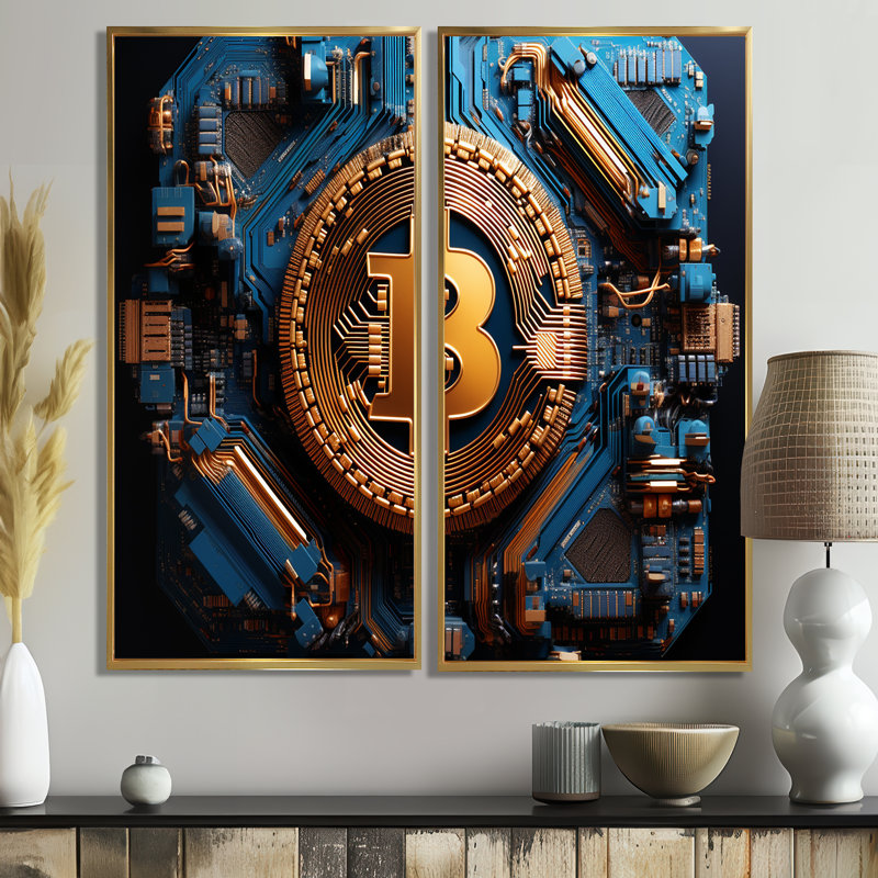 Azure Fashion Bitcoin - art mural Fashion Fashion, H 40 po x l 40 po, Impression encadrée flottante, Doré