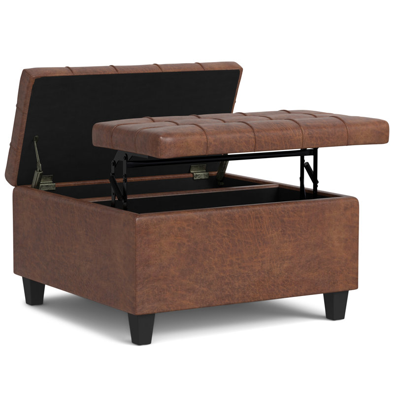 Harrison 30"W Upholstered Transitional Square Lift-Top Ottoman with Hidden Storage, Harrison Brown Vegan Faux Leather