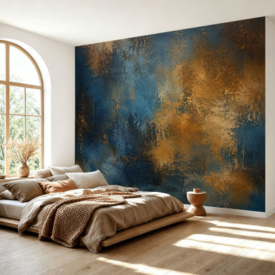 Wall Mural Peel and Stick Wallpaper Abstract Blue Gold Painting Metallic Highlights Self-Adhesive Removable Contact Paper Wall Decor for Living Room Bedroom 69"H x 96"W