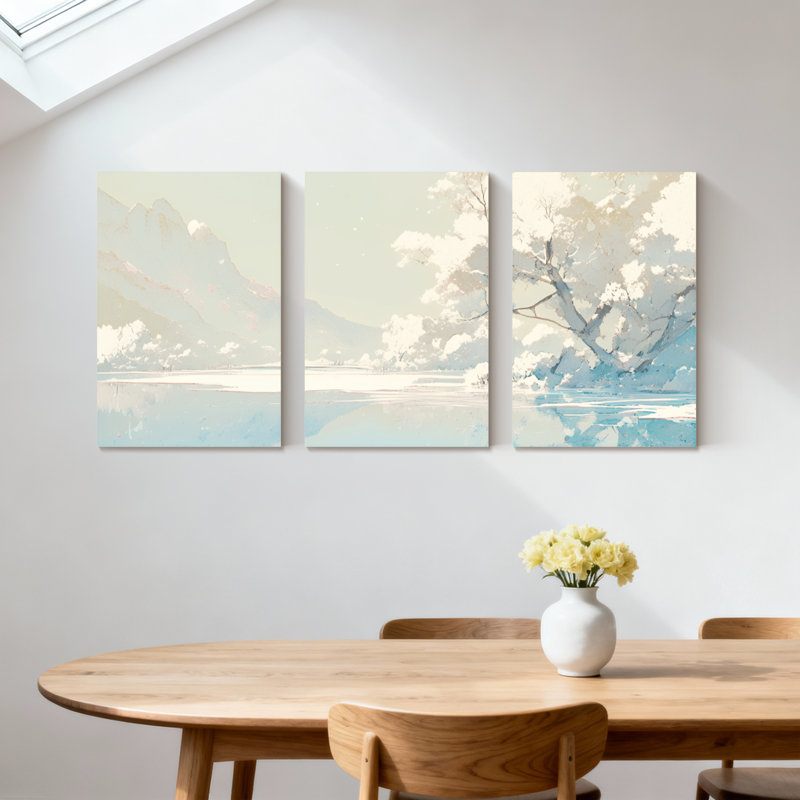 Paysage et nature montagne lac réflexion arbre ciel nuages eau ensemble de 3 impressions d'art sur toile, H 18 po x l 36 po