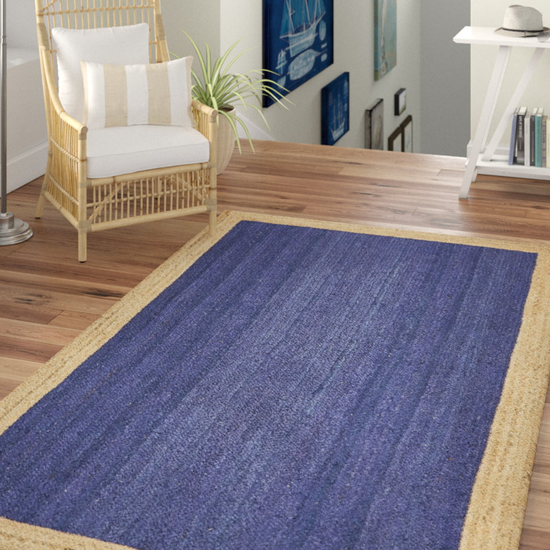 Tapis bleu marine / beige tressé à la main Vagharshage, Rectangle 5 pi 1 po x 8 pi
