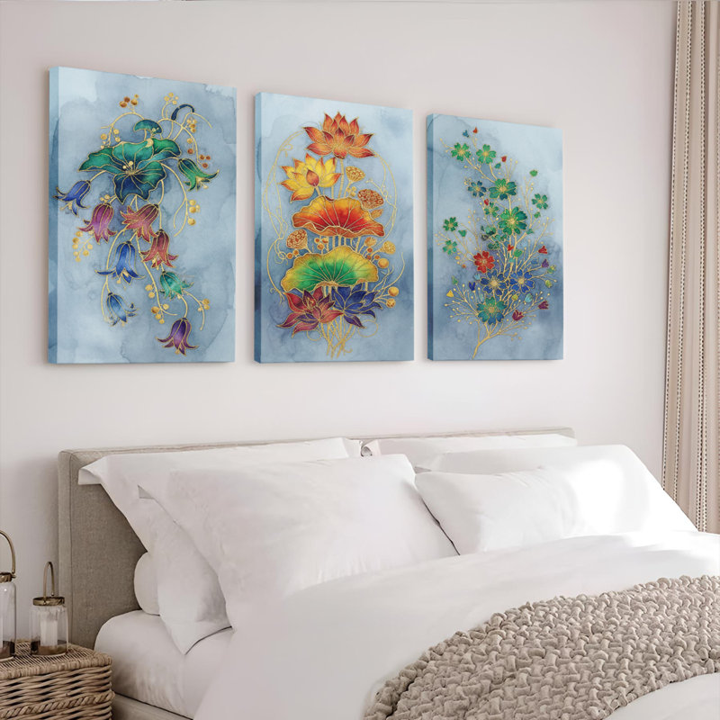 Ensemble de 3 tableaux muraux sur toile à motif floral et botanique, H 36 po x l 72 po