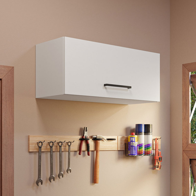 Latitude Run Slim Garage and Utility Room Wall Storage Cabinet with Horizontal Door and Shelves 31 Inch Wooden Organization Unit - White