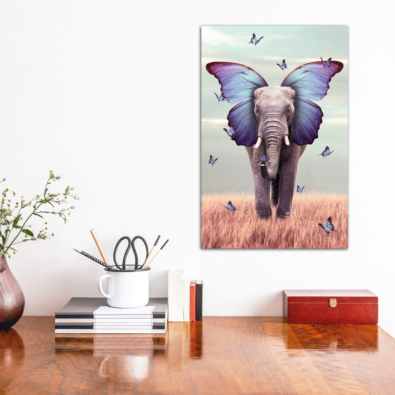 «Elephant Blue Morpho Lenity Mint» par Soaring Anchor Designs - impression d'art graphique, H 40 po x l 26 po x P 1,5 po