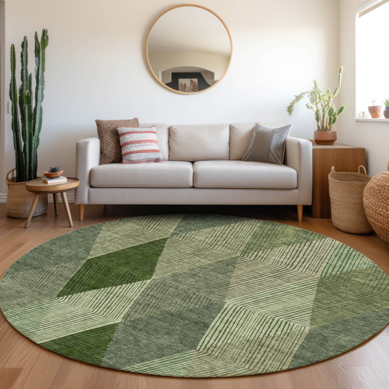 Premium Machine Washable Prisco Green Rug, Round 8'