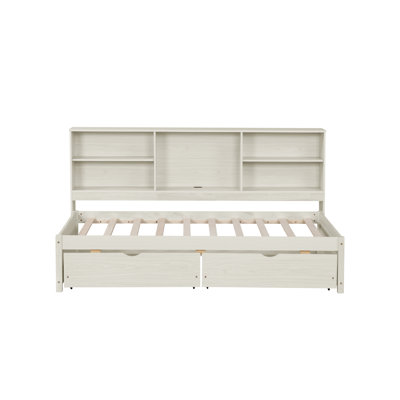Twin Size Bed Frame With Side Bookshelves, Two Drawers, And Built-In USB Port