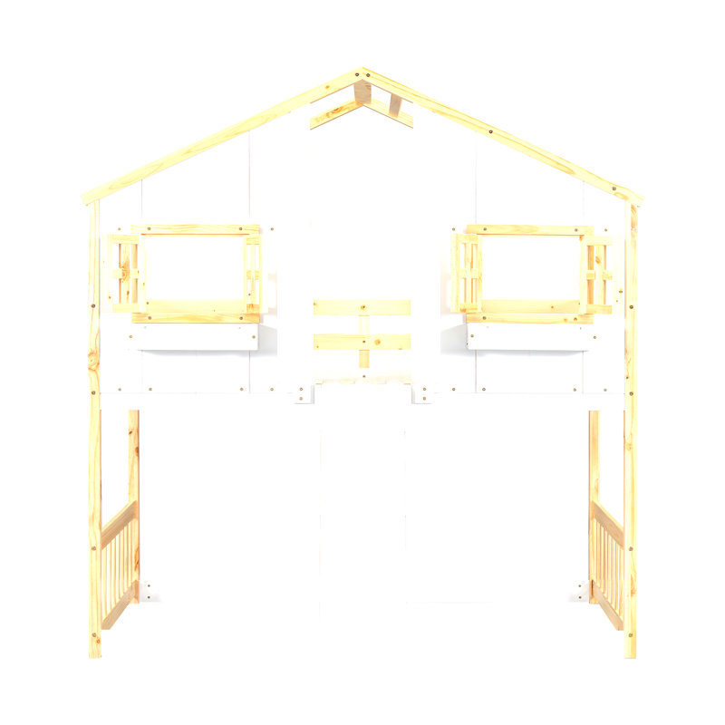 Lit superposé simple au dessus d'un lit simple avec toit, fenêtre, boîte de fenêtre, porte, avec garde-corps et échelle, naturel / blanc