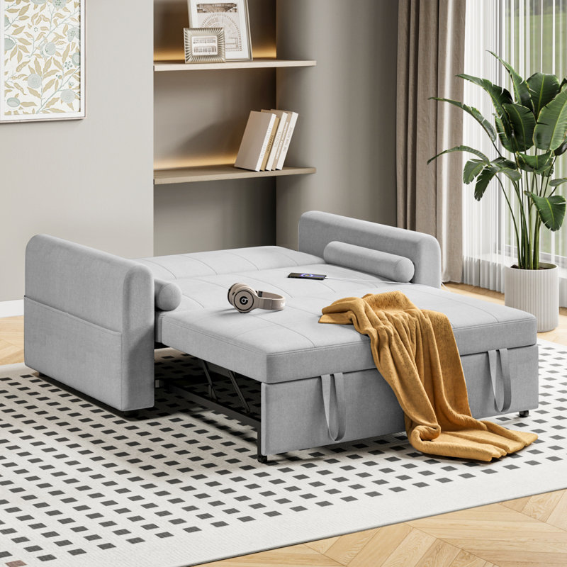 2 Seater Linen Sofa Bed, Light Grey