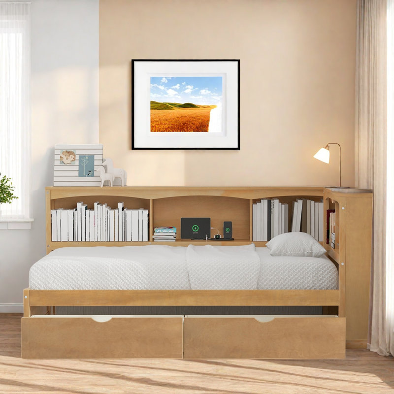 Daybed With Two Storage Drawers, 5 Built-in Cabinets And Usb Ports, Natural
