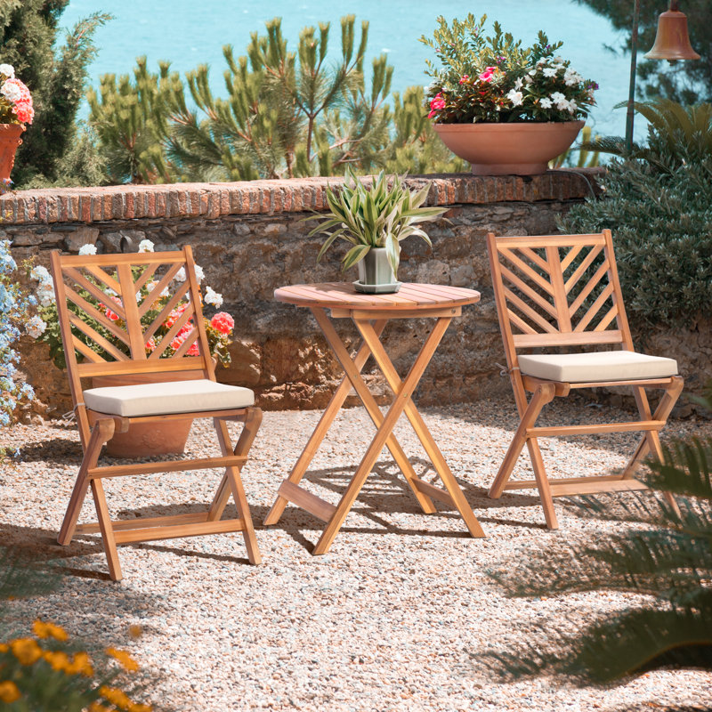 Acacia Wood 3-Piece Patio Set with Beige Cushions