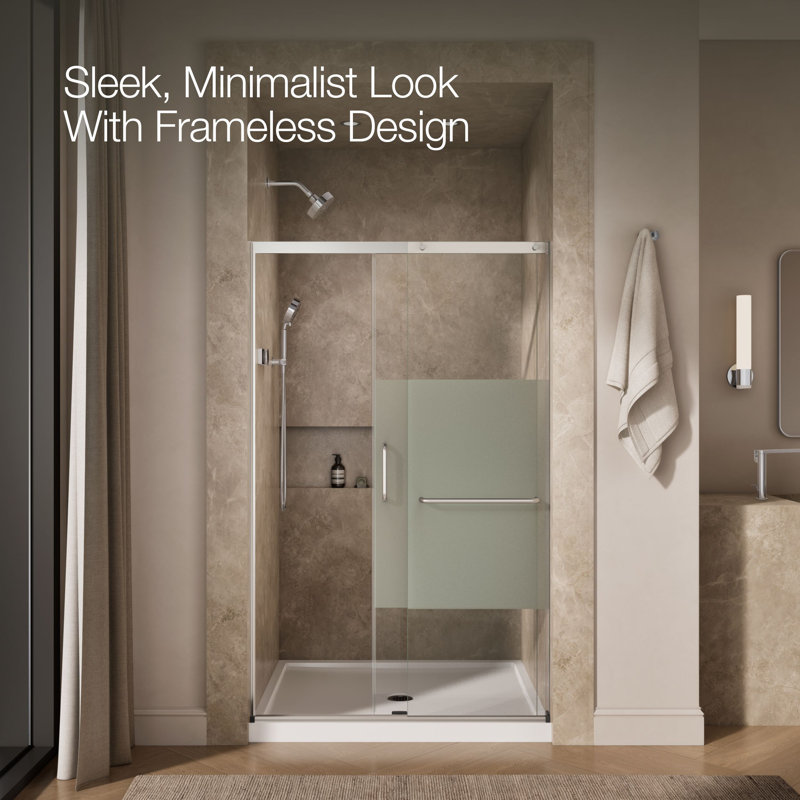 Elate Tall Sliding Shower Door, 75-1/2-In H X 50-1/4 - 53-5/8-In W, With Heavy 5/16-In Thick Crystal Clear Glass With Privacy Band