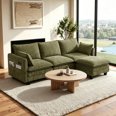 110.4'' Wide L-Shaped Living room sofa, Modular Sectional Sofa, 4 Seater Sofa Comfy Cloud Couch Chenille Upholstered Sofa with Ottoman,Built-in USB Port,Light Green