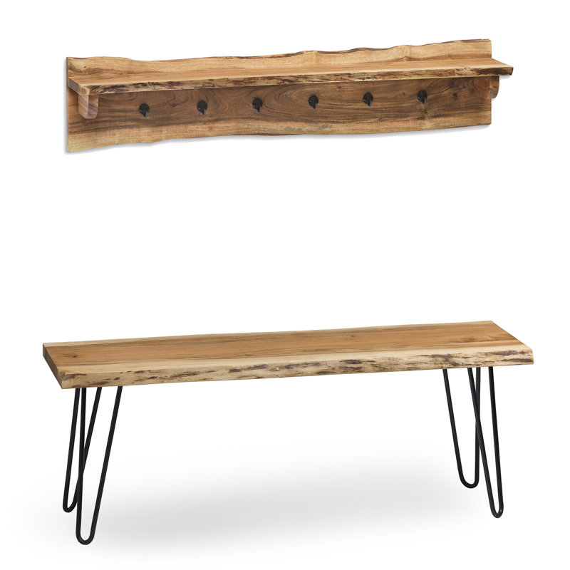 Bexton Industrial Solid Wood Metal Hairpin Live Edge Wall Mounted Coat Shelf And Bench With Storage, 18" H x 48" W x 14" D 
