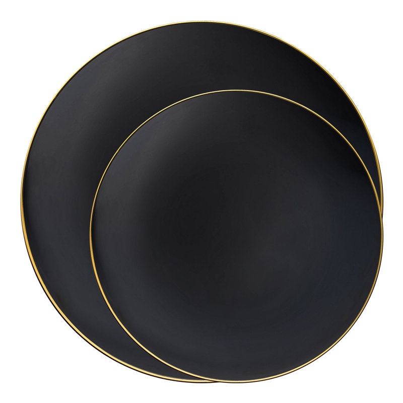 Ensemble de 120 couverts ronds jetables en plastique biologique noir à bordure dorée
