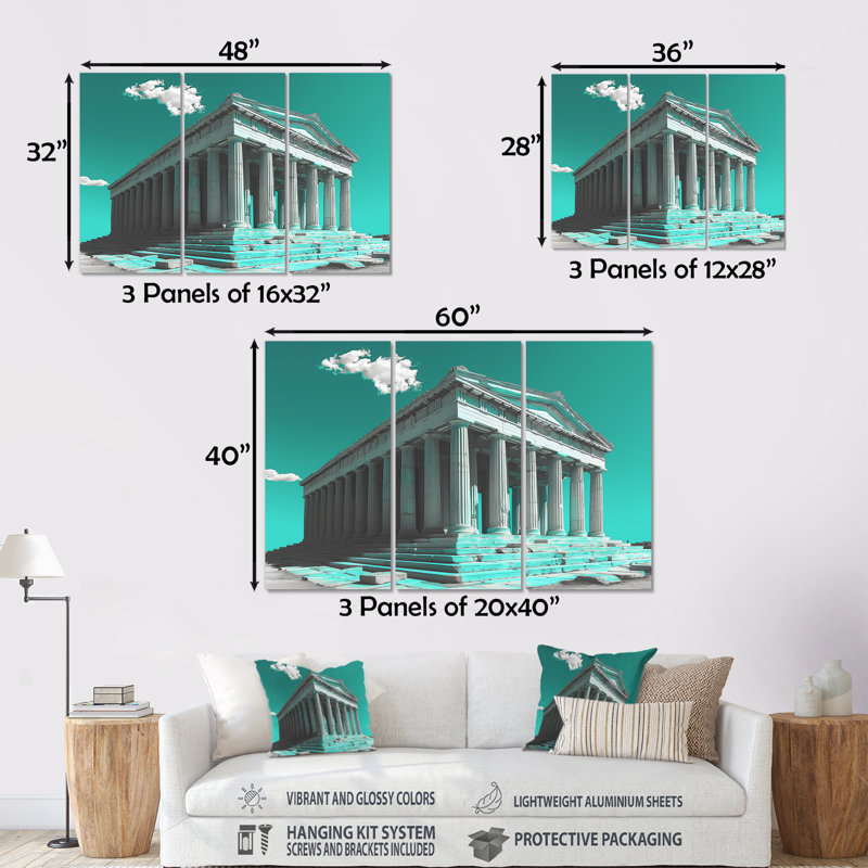 Ensemble de décorations murales vert et blanc, monument historique grec et photo II, H 32 po x l 48 po x P 1 po