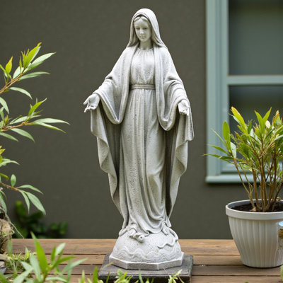 Statue de la Vierge Marie 24 pouces, sculpture de jardin en résine de pierre grise, décoration religieuse résistante aux intempéries