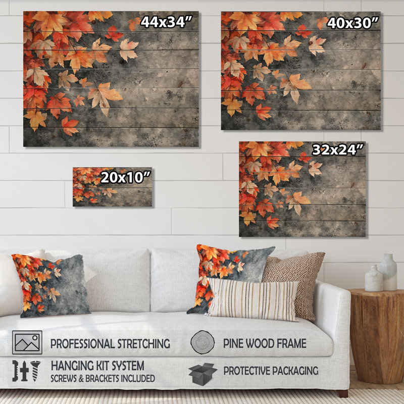 Feuilles d'automne orange V - art mural sur bois de feuilles - sur bois de pin naturel, H 30 po x l 40 po