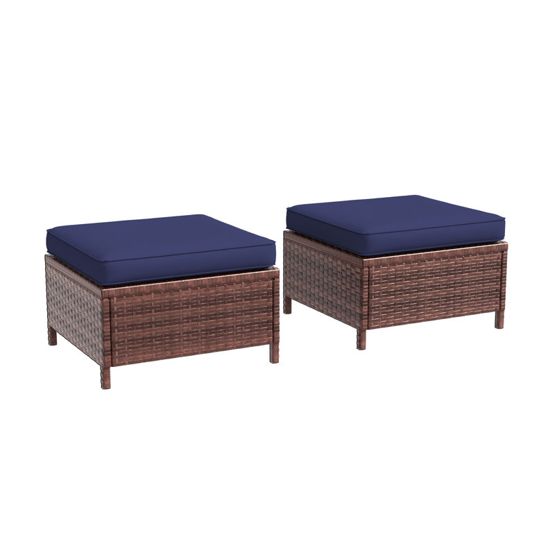 2 Pcs Patio Rattan Ottomans, Outdoor Wicker Ottomans w/Removable Cushion & Steel Frame, Navy
