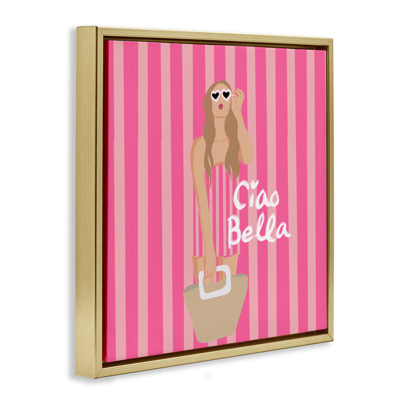 Cadre flottant rose rayé Glam Girl, design par Chen Alyesh, 25" H x 25" W, Cadre flottant métallique doré