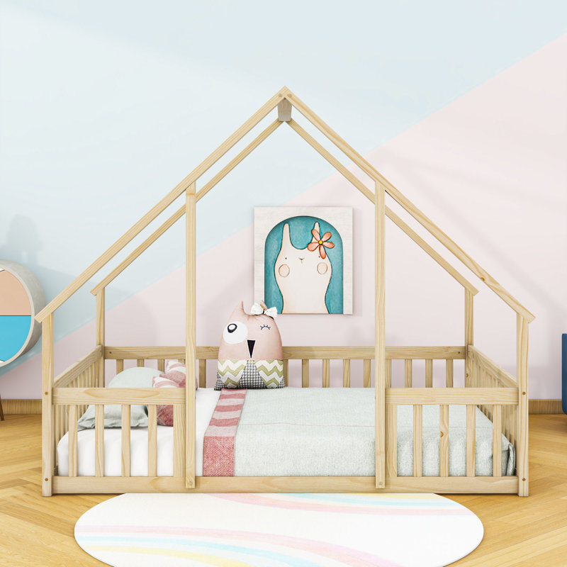 Lit en bois avec garde-corps, Naturel, Double