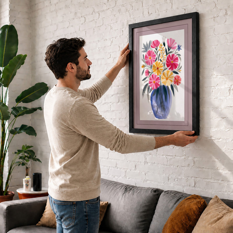 Floral Arrangement in Blue Glass Botanical - Framed Print, Walnut, A3 - 42.0 x 29.7 cm