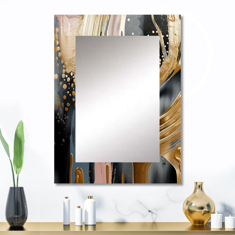 Or doré et noir Expression VI - miroir unique en marbre, grand miroir mural moderne, impression d'art en métal, 32 po x 24 po