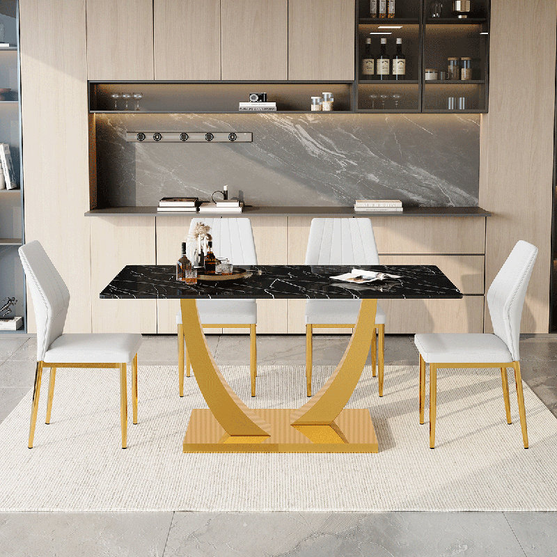 Ensemble de table de salle à manger noir pour 4 personnes, ensemble de table de salle à manger de 71 po avec pieds chromés en forme de U, table de cuisine moderne et chaises, ensemble de 4 pour la salle à manger, structure très brillante et robuste