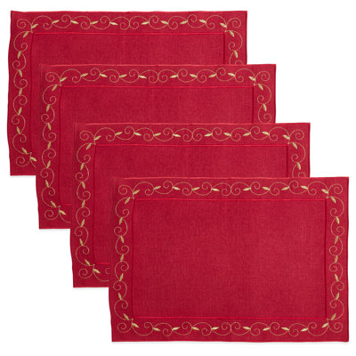 Burgundy Holiday Embroidered Design Placemats 14 X 20 Inch, Set Of 4
