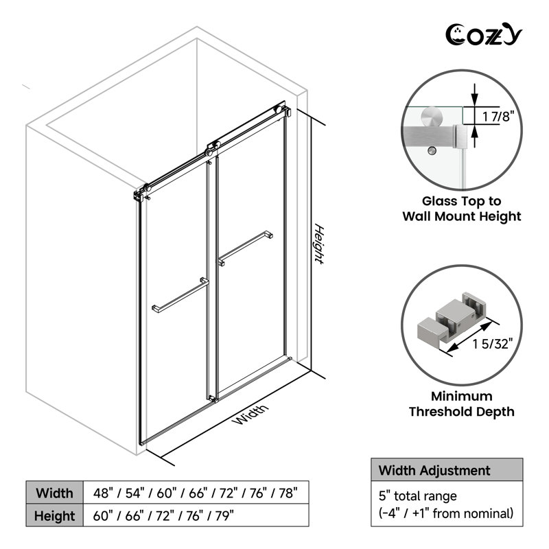 56-61" W x 76" H Frameless Double Sliding Shower Door with 3/8 Inch (10mm) SGCC Tempered Glass, Brushed