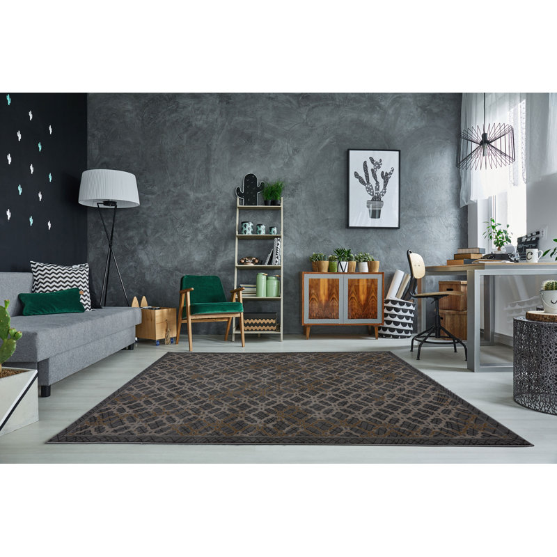 Tapis gris à motif géométrique Ahaziah, Rectangle 2 pi 7 po x 4 pi 11 po