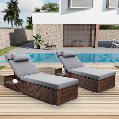 Outdoor Wicker Chaise Lounge Set Patio Reclining Chaise With Side Table And Cushions