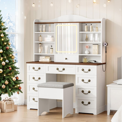 Farmhouse Vanity Desk Set, Makeup Vanity Table with Lights and Mirror, Vintage Make Up Dressing Table for Bedrooms