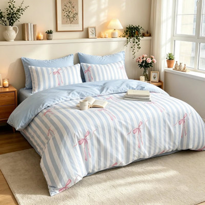 Blue White Vertical Striped Pink Bow Print Reversible Comforter All Season Soft Bedding Comforter Bedroom Decor