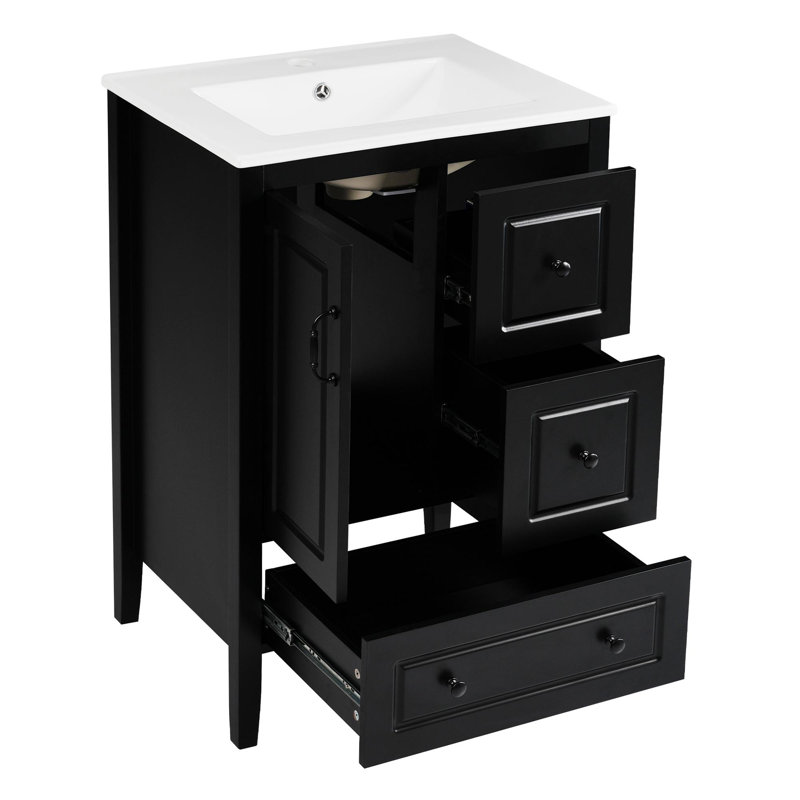 Meuble-lavabo 24 po avec lavabo, une armoire avec porte à fermeture douce, 3 tiroirs à fermeture douce, poignées en métal rétro