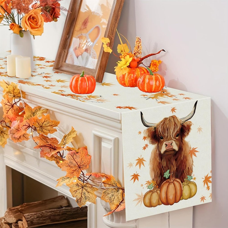 Fall Table Runner Cow Pumpkin Maple Leaf Burlap Thanksgiving Table Runners Autumn Farmhouse Kitchen Dining Table Indoor Outdoor Decorations 13X72 Inch