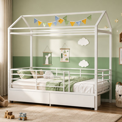 Lits jumeaux en métal avec tiroirs de rangement, structure en acier blanc en forme de maison, style moderne pour enfants