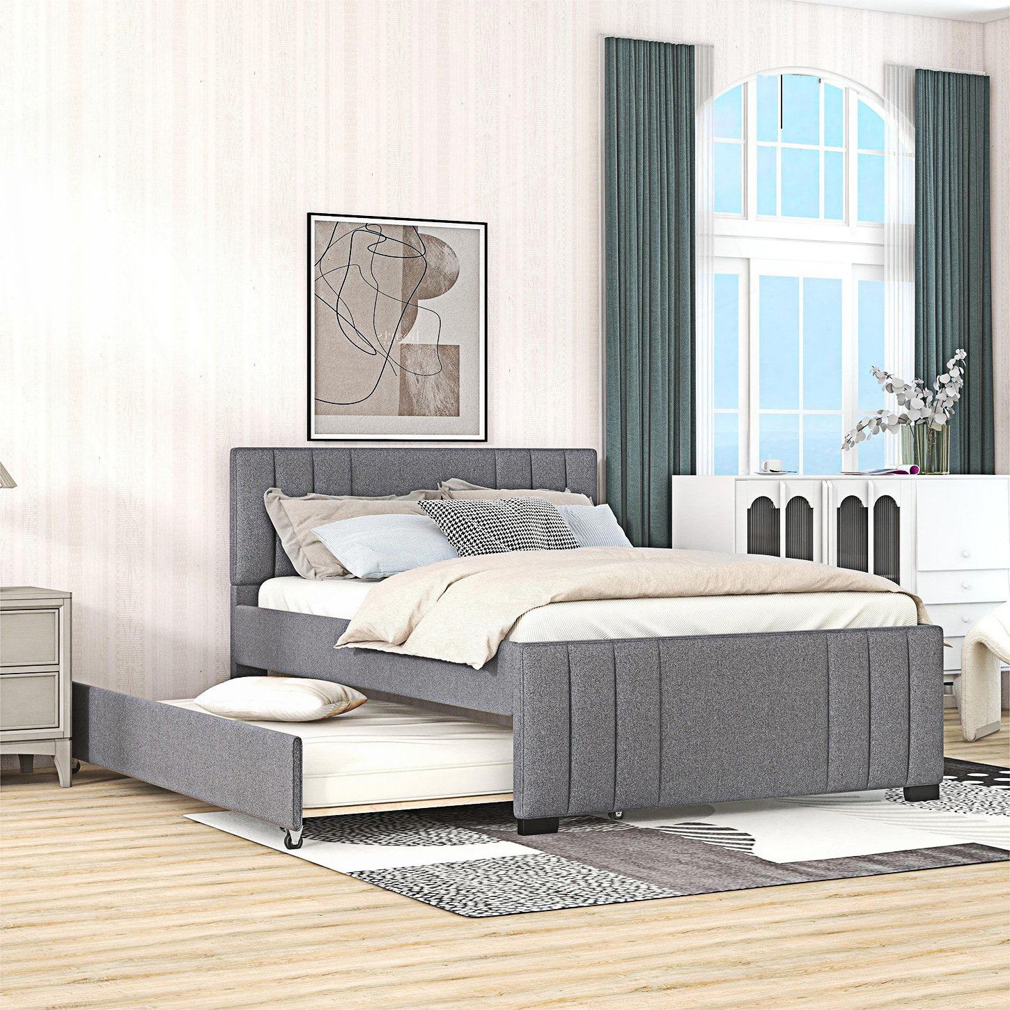 Full Upholstered Platform Bed with Trundle in Grey