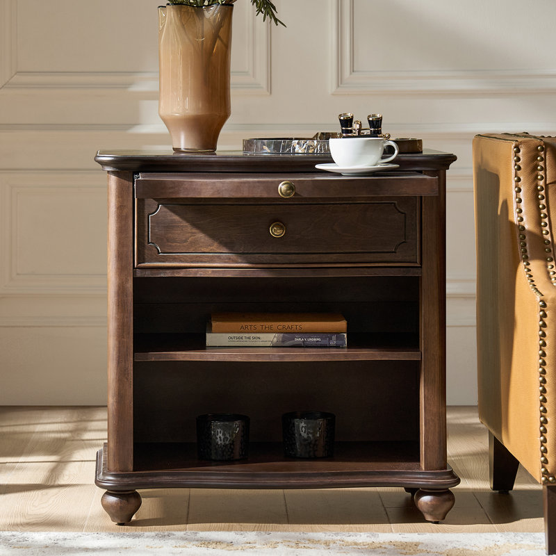 Elfine Traditional 28"W 1-Drawer Curved Front Solid End Table with Pull-out Tray, Walnut