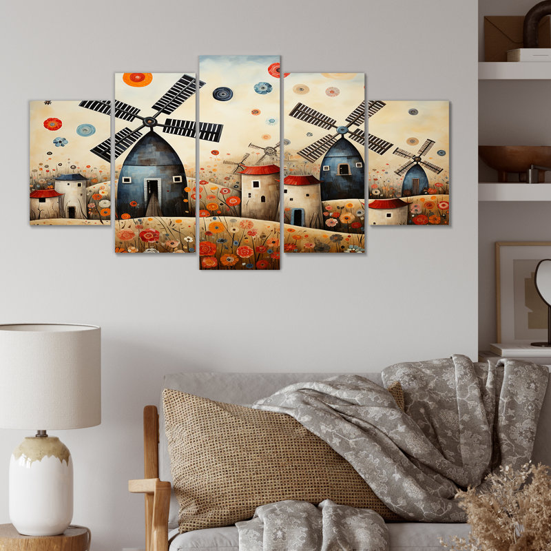 Folk Art Wind Turbines Village V - Ensemble d'art mural multi-panneaux