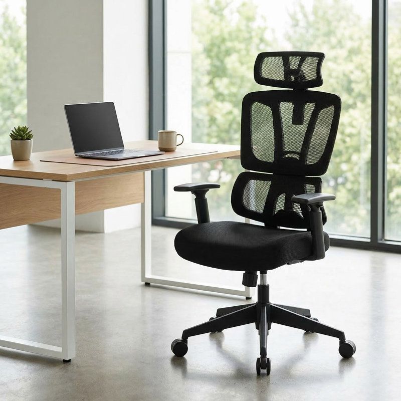 Fauteuil de bureau ergonomique réglable avec support lombaire ergonomique de type N et appui-tête réglable rembourré pour bureau