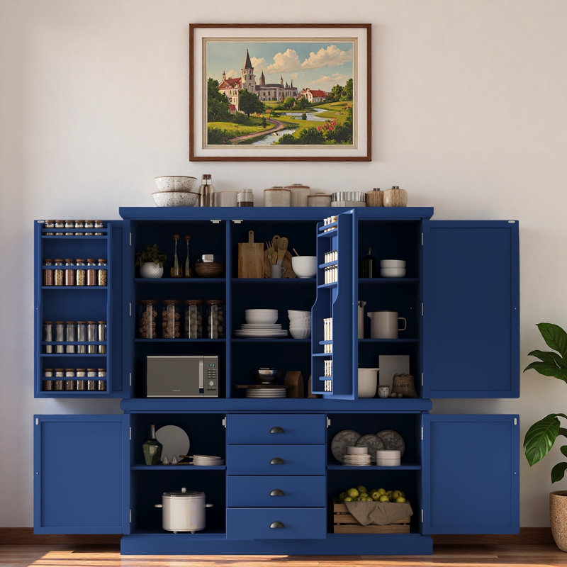 Garde-manger autoportant en bois avec armoires, tablettes de porte, tablettes réglables et tiroirs, Bleu