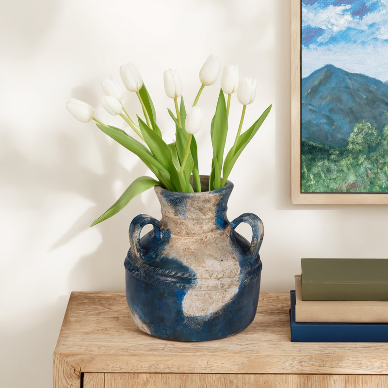 Decorative Pottery Terracotta Vase with Rustic Textured Design and Double Handles, Stylish Contemporary Accent for Modern Spaces