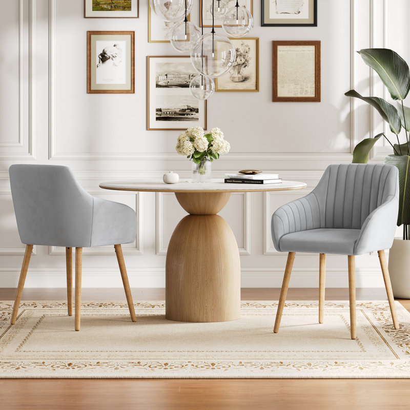 49.5cm H Upholstered Dining Chairs With Wooden Legs, Light Grey Velvet/Natural, 2