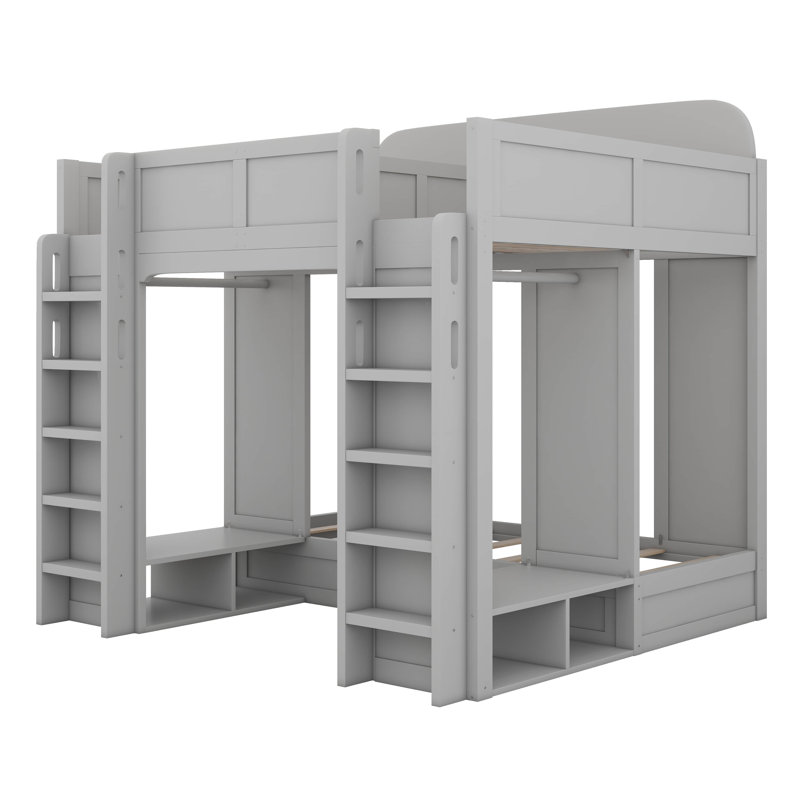 Kids Triple Bunk Bed With Storage Shelves And Hooks, Wooden Triple Bunk Bed, Twin +Twin Over Twin XL, Gray